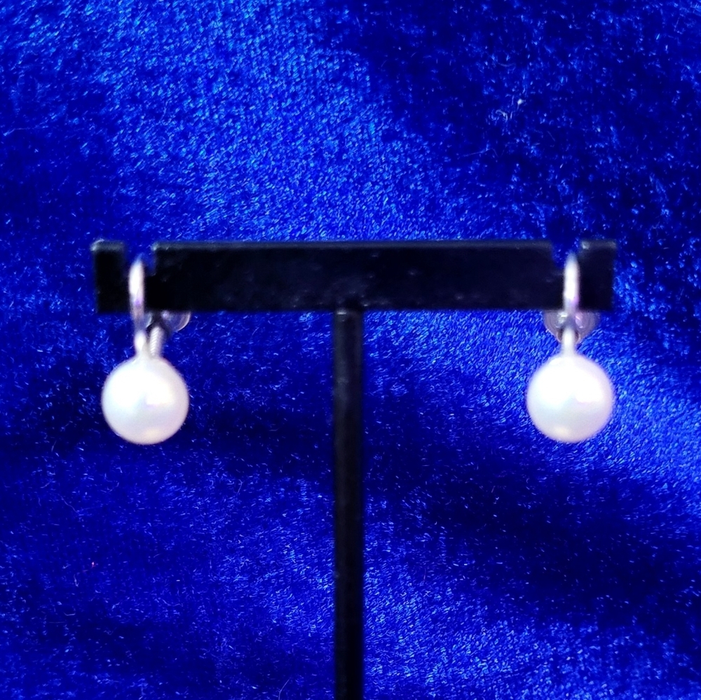 Vintage Gorel 6.8mm White Round Pearl Screw Back Sterling Drop Earrings